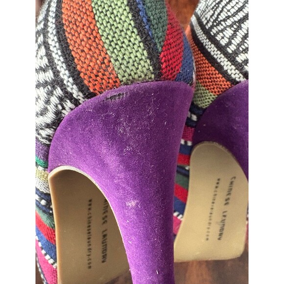Chinese Laundry Platform Size 6.5 Purple Multi Color Tribal Tapestry Suede Heel - Picture 9 of 9